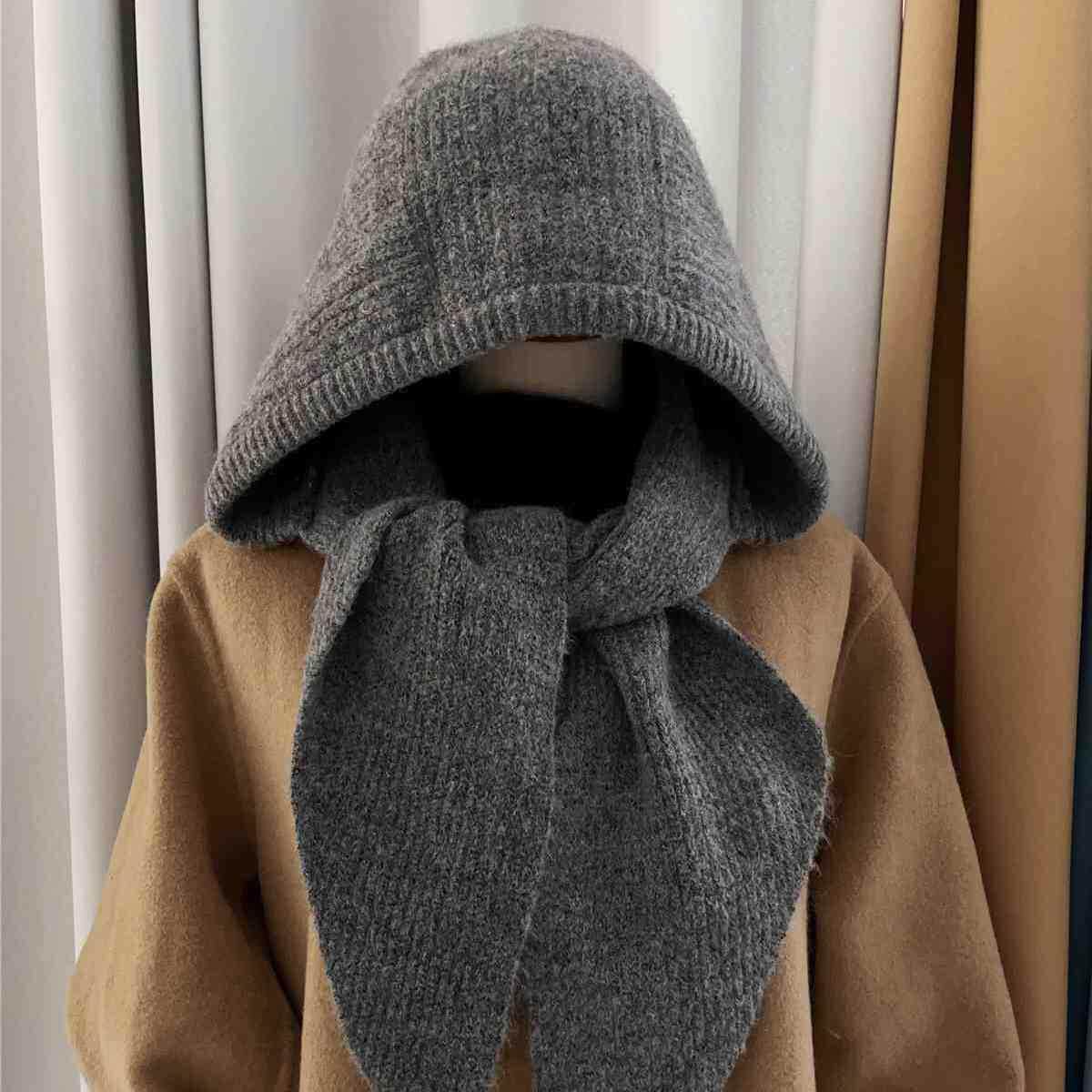 羊毛混纺披肩帽子女秋冬脸小保暖护耳围巾一体毛线帽复古针织帽