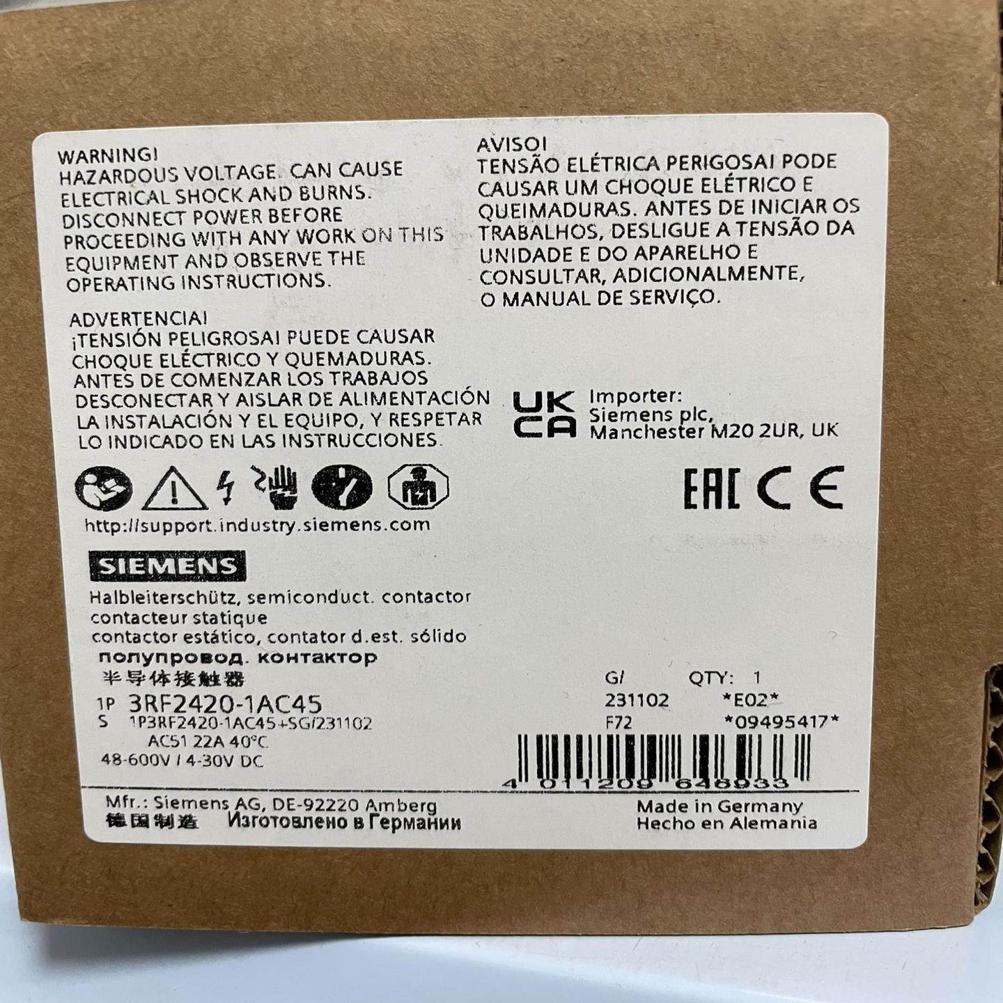 【议价】3RF2420-1AC45  3 相 3RF2 半导体接触器