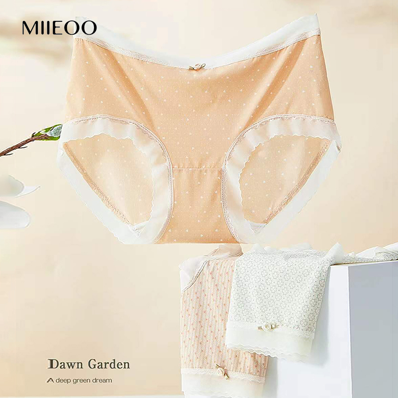 秘语女士内裤罗勒清晨超薄抗菌无痕蕾丝边中高腰印花平角裤61906