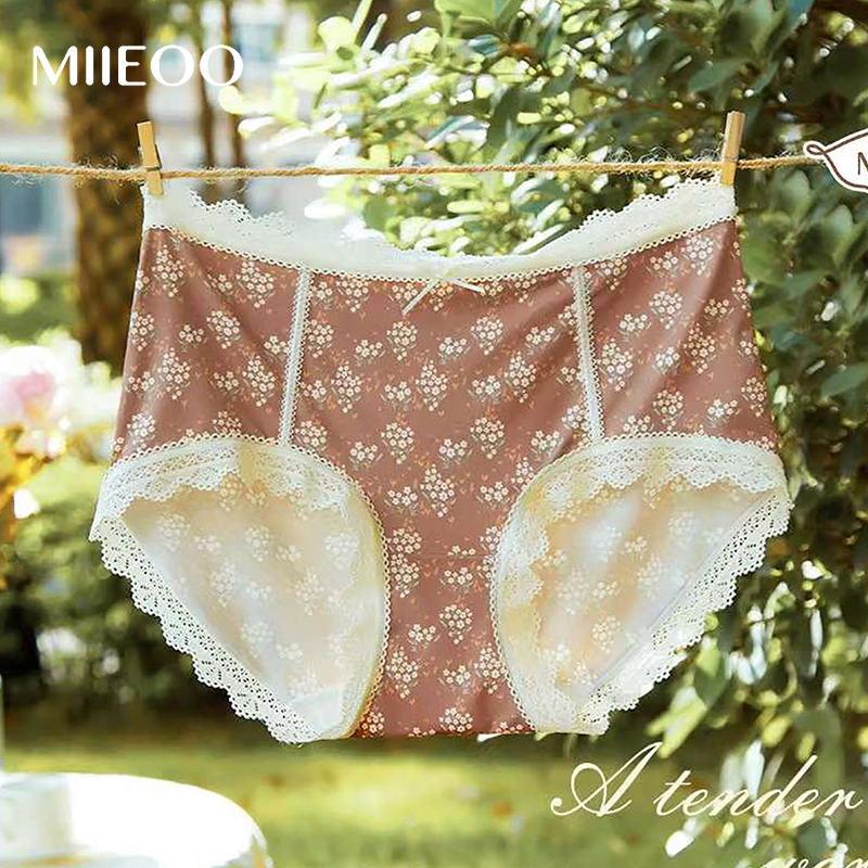秘语女士内裤绒绒暖茶薄款透气无痕蕾丝边抗菌裆中腰平角裤61997