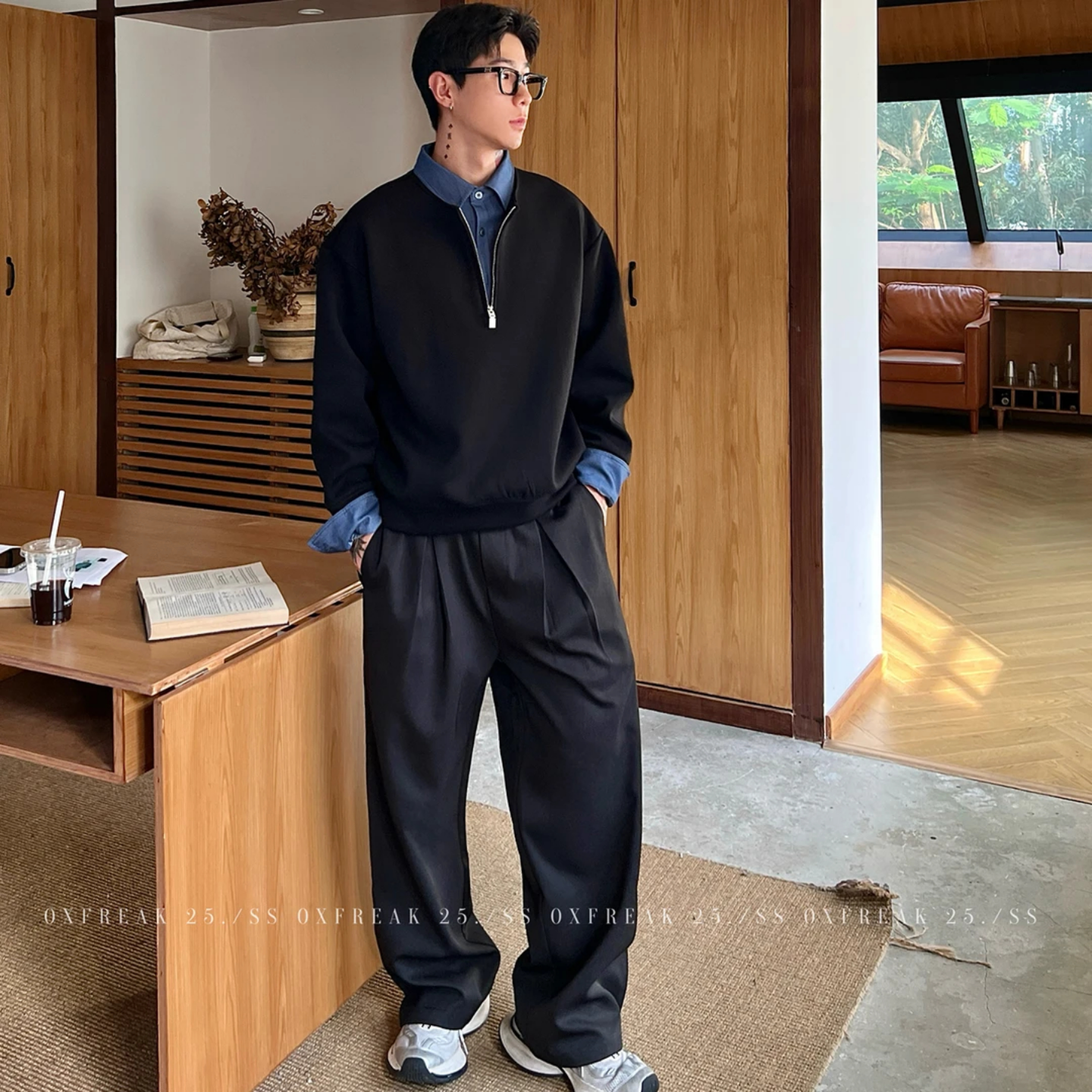 【衬衫式内襟】重磅假两件半拉链卫衣休闲裤冬季新款韩系套装男款