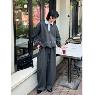 美式潮牌高级感假两件拼接条纹衬衫领卫衣休闲套装简约时尚高品质