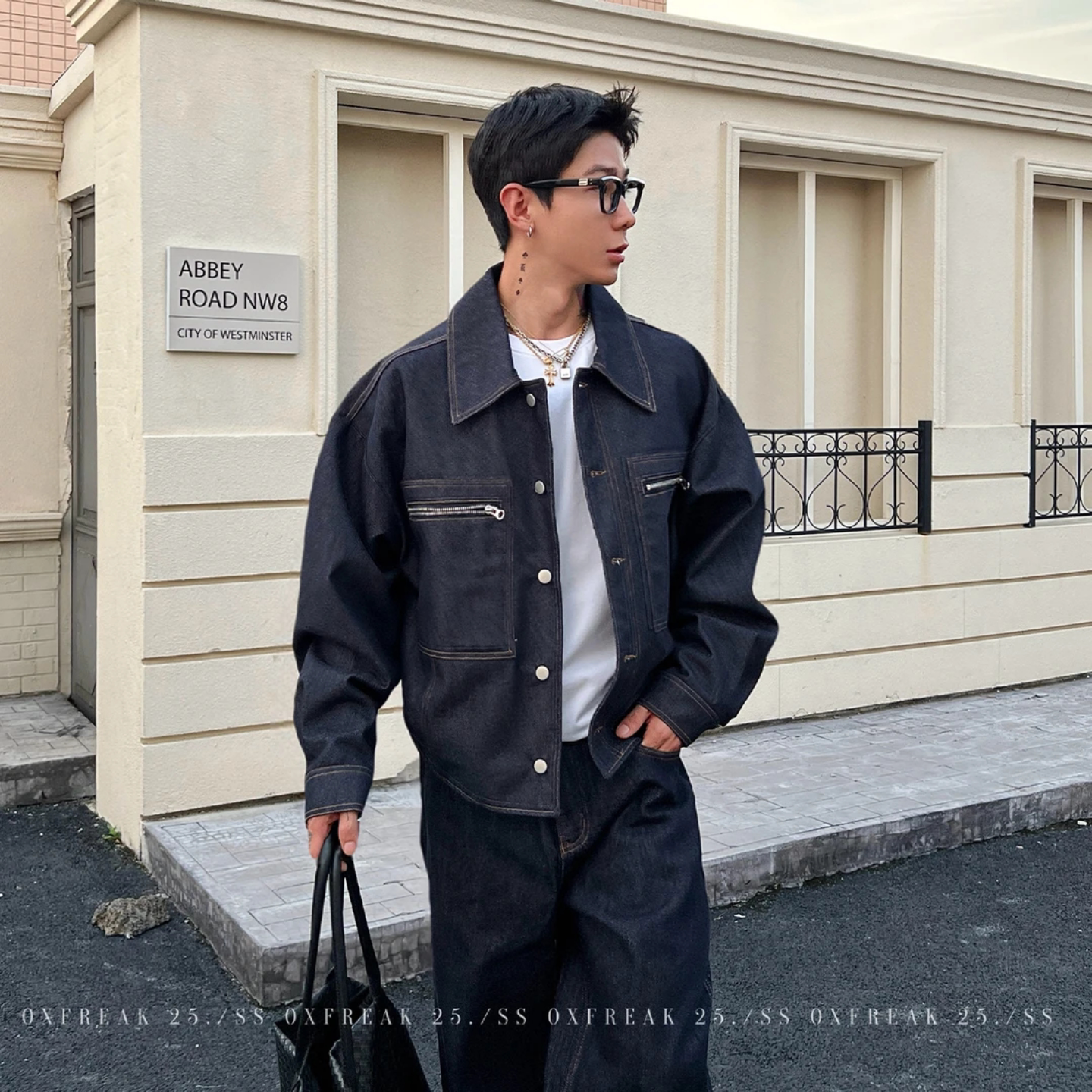 工装牛仔夹克做旧外套秋季新款男士时尚潮流复古小众百搭简约上衣