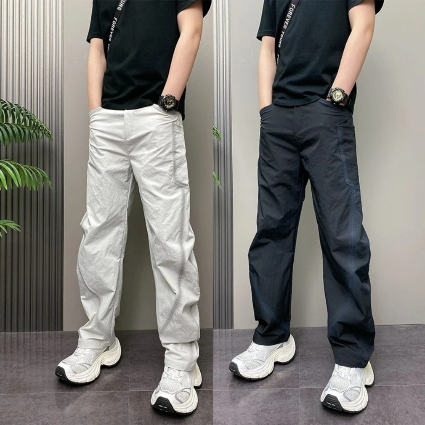 夏季款时尚透气明线装饰轻薄百搭潮流痞帅青年大口袋男士休闲裤潮