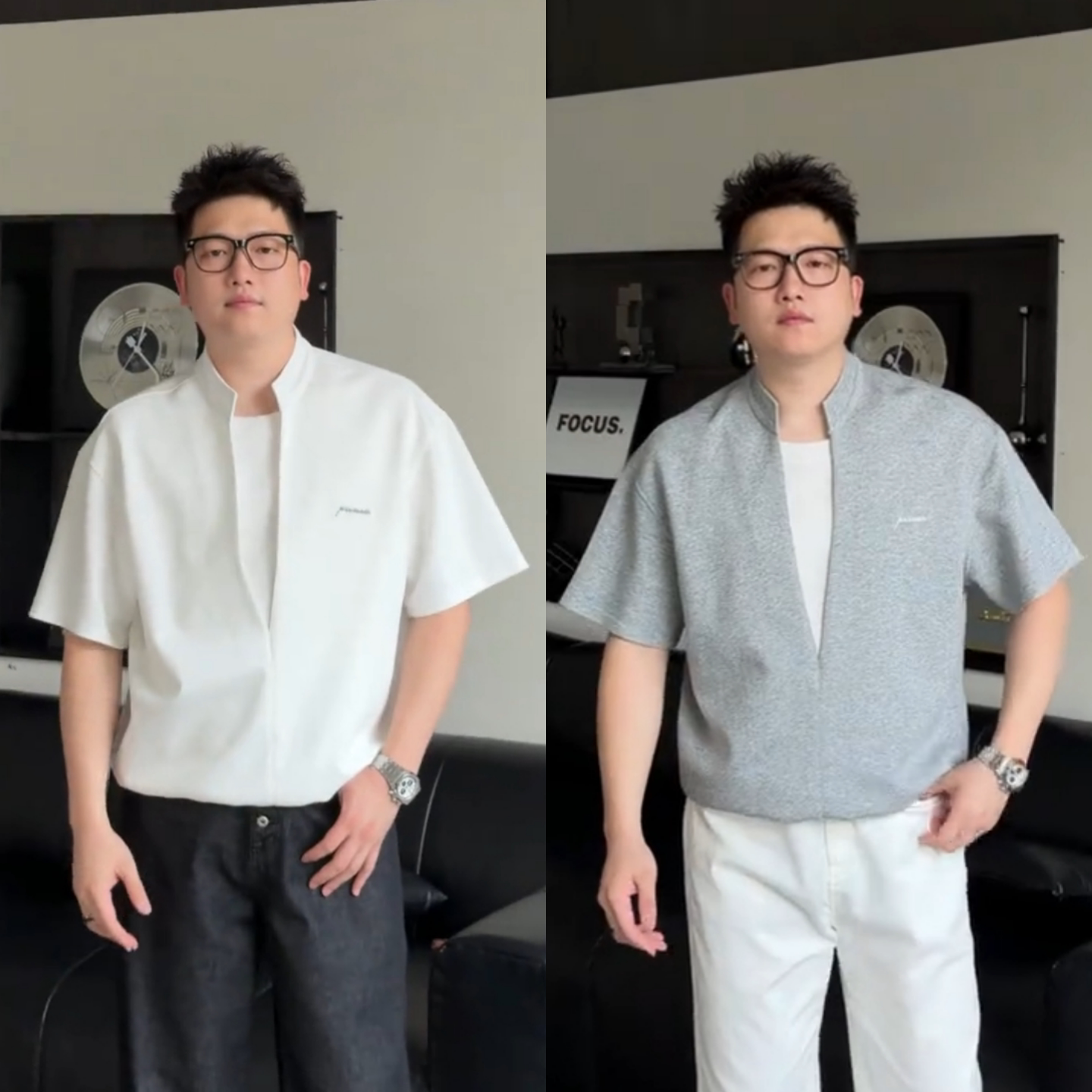 夏季V领设计感假两件短袖T恤男士