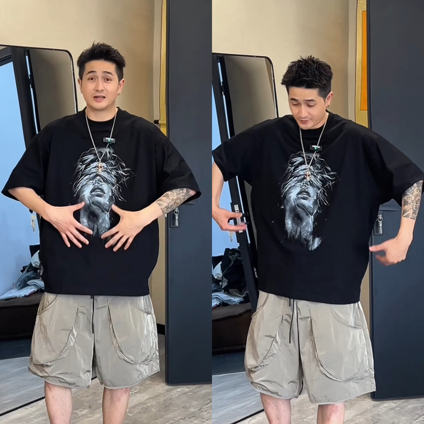 夏季新款男士时尚高街美式复古简约潮个性印花休闲圆领蝙蝠袖T恤