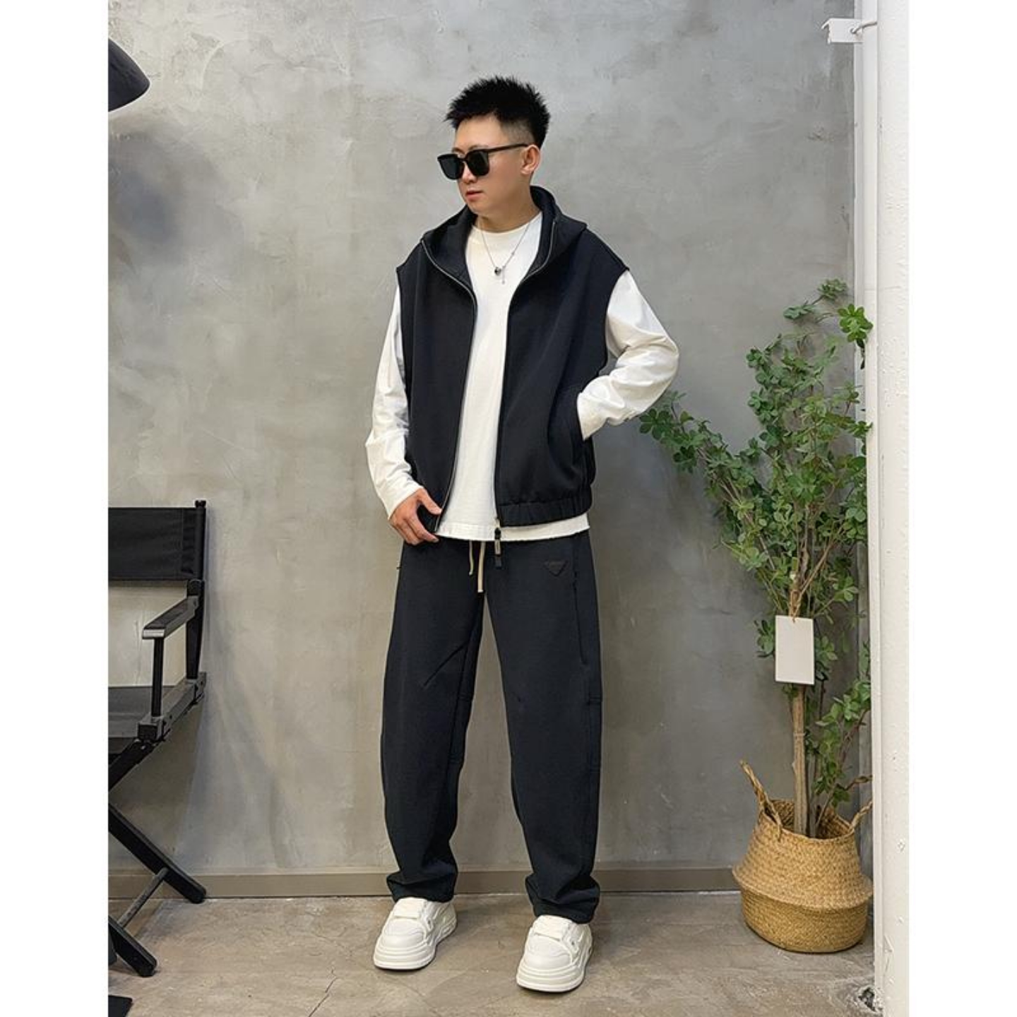 简约休闲马甲外套长裤两件套男