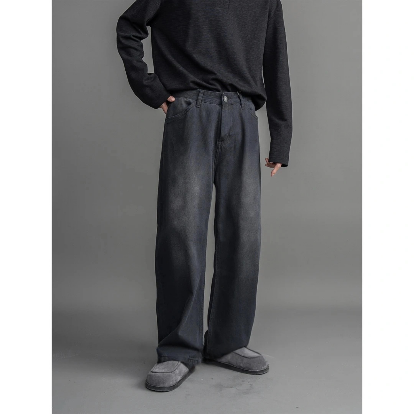 复古黑色水洗牛仔裤男简约百搭直筒弯刀休闲裤冬季新品潮流高级感