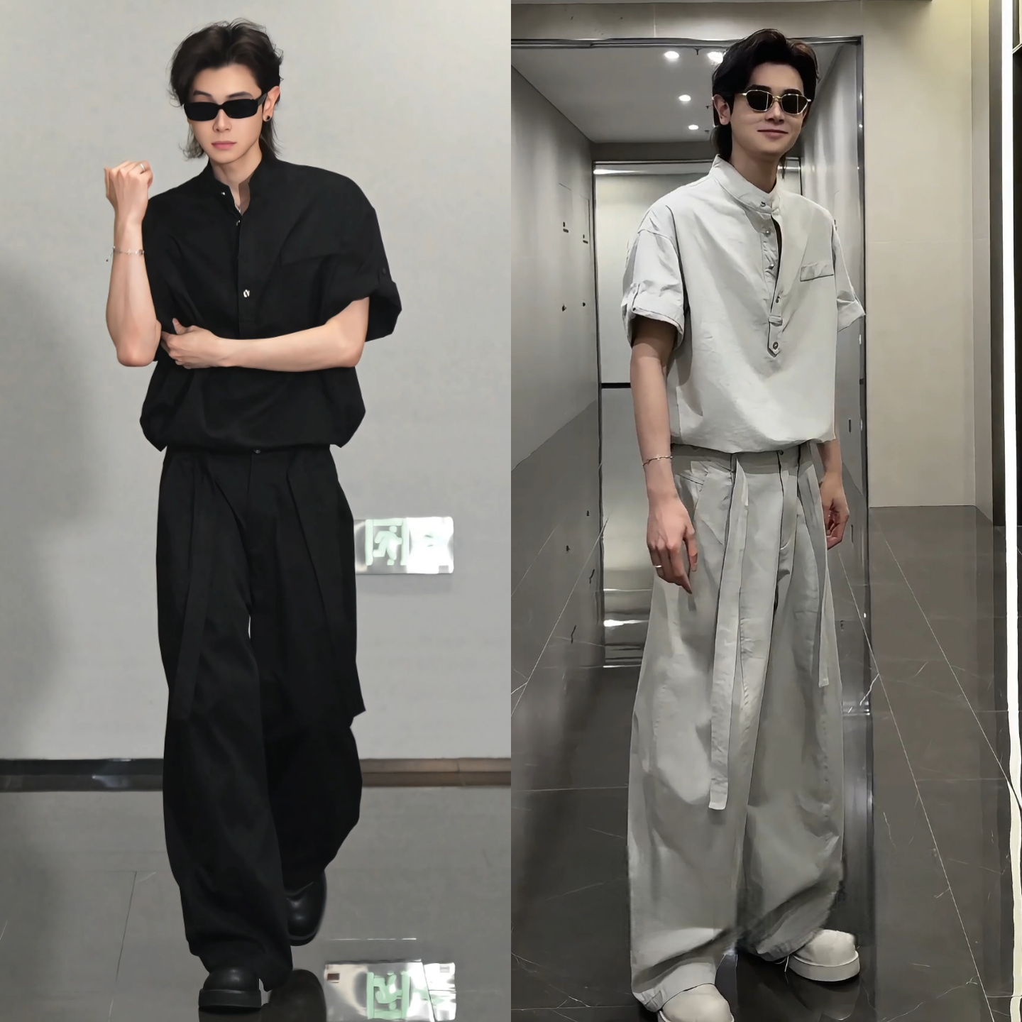 夏季流痞帅个性时尚潮休闲百搭套装立领老钱风短袖阔腿裤两件套男