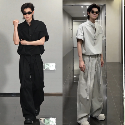 夏季流痞帅个性时尚潮休闲百搭套装立领老钱风短袖阔腿裤两件套男