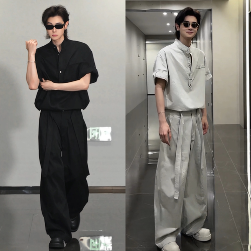 夏季流痞帅个性时尚潮休闲百搭套装立领老钱风短袖阔腿裤两件套男
