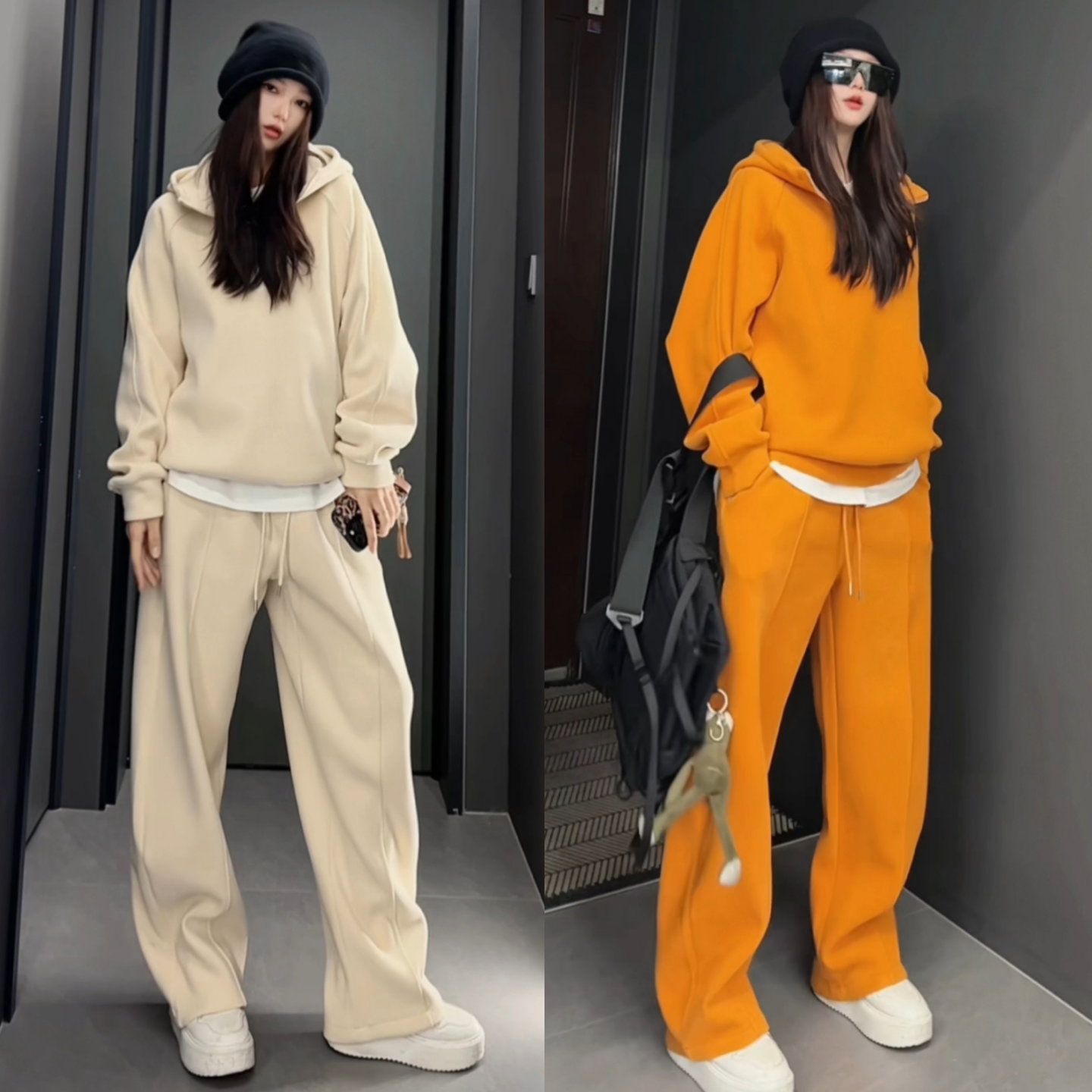 半拉链连帽卫衣卫裤两件套冬季新款简约纯色时尚休闲套装男女同款