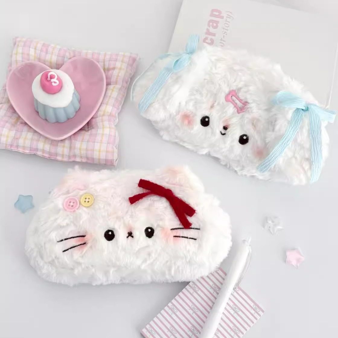 可爱毛绒猫咪笔袋ins风高颜值少女心学生软萌文具袋大容量铅笔盒,文具电教/文化用品/商务用品,笔袋,淘宝优惠券,粉丝福利购,淘宝优惠卷