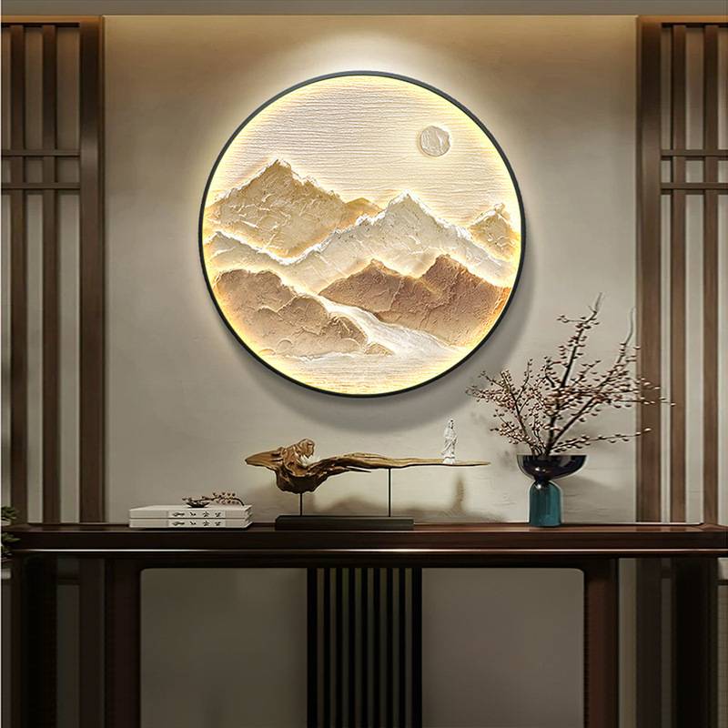 圆形山水画玄关装饰画入户挂画现代轻奢高档壁灯茶室壁画新中式图片