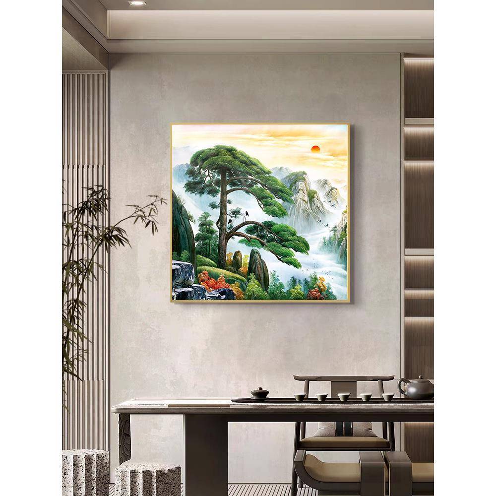 迎客松挂画绿水青山玄关装饰画办公室山水风景画中式客厅松树壁画