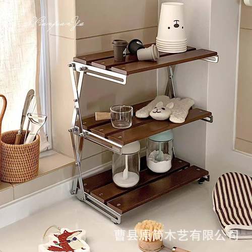 纳木质户外营置物架三层露折叠储物架烧烤架野收营架实木MGB饮料