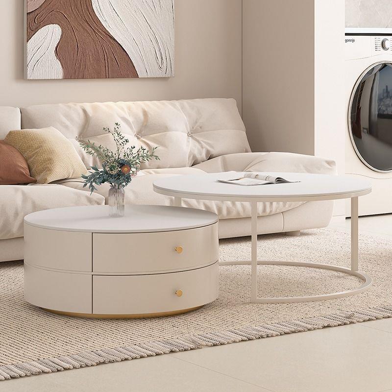 奶油风形岩ENC板茶几法客厅家用小户型现代简约轻式圆茶几奢桌