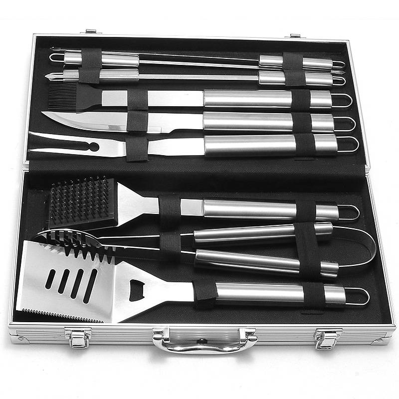 跨境不锈钢家用户外烧烤工具10件套BBQ铝箱烧烤铲叉夹签组合套装