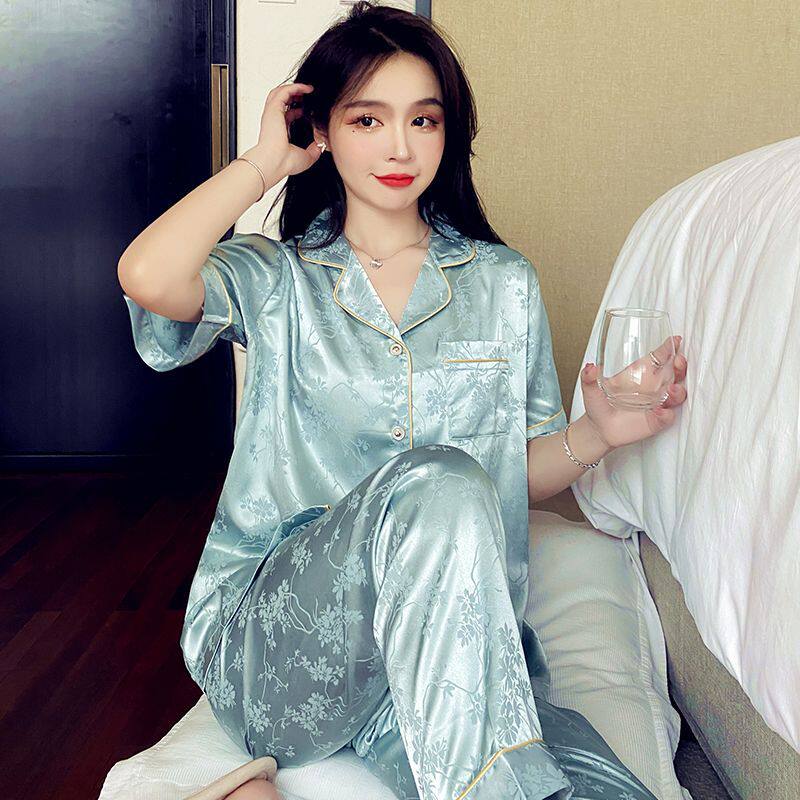 新款雪丝夏季睡衣冰丝女短袖长裤