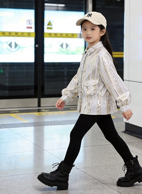 muakids 金银条纹金属光泽女童洋气长袖衬衫春季宽松儿童衬衣