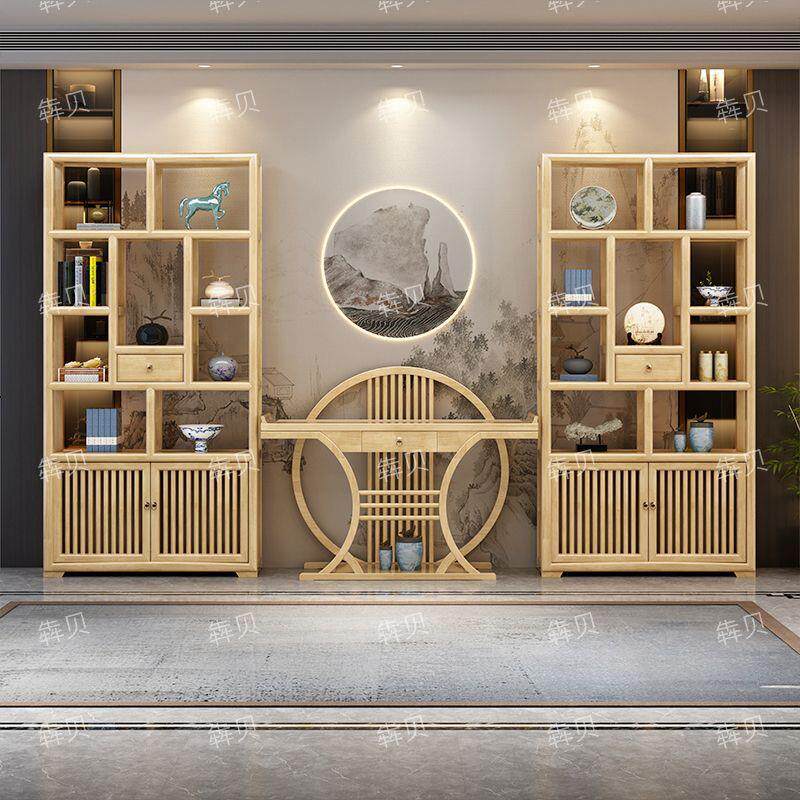 博古架实木多宝阁新中式茶室置物架办公室展示架隔断玄关柜三件套