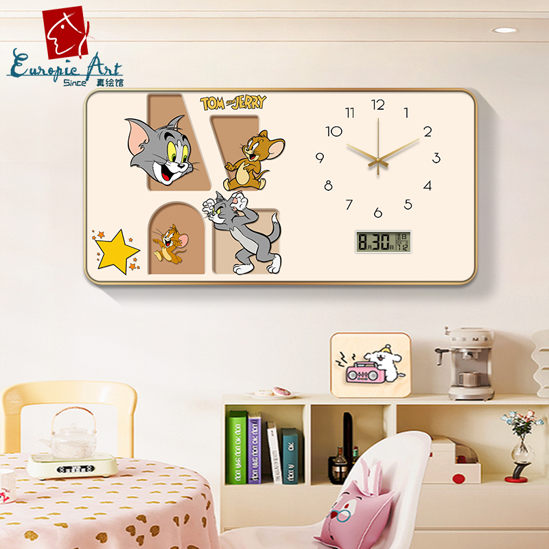 客厅挂钟钟表卡通餐厅装饰画万年历电子时钟墙创意猫和老鼠壁画