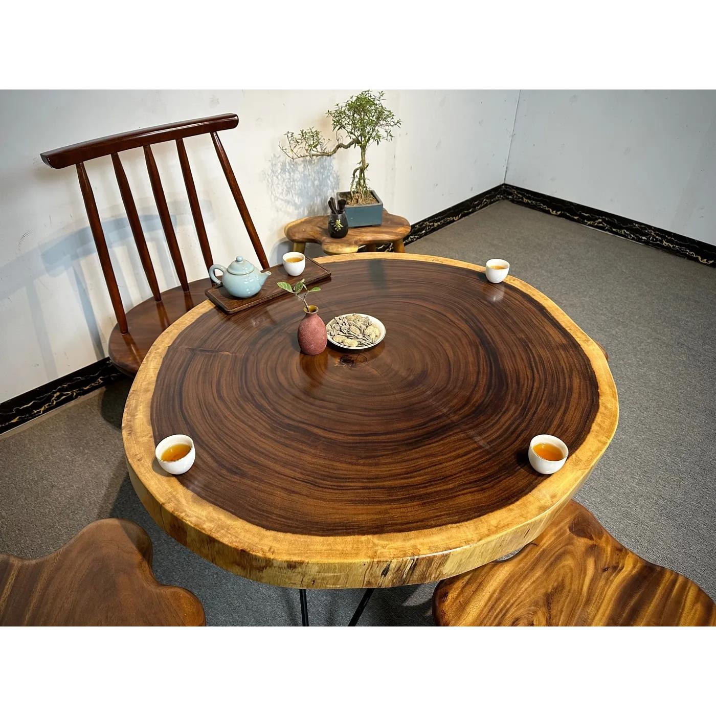 南美胡桃木大板桌圆盘茶桌茶台雨木原木年轮桌餐桌圆桌实木自然边