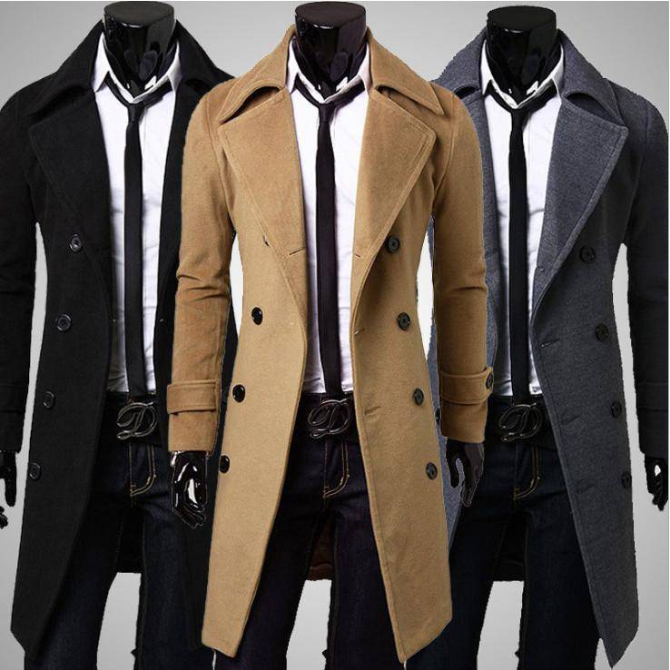 2025men clothesL】秋冬长款双排扣风衣男式毛呢外套修身呢大衣男