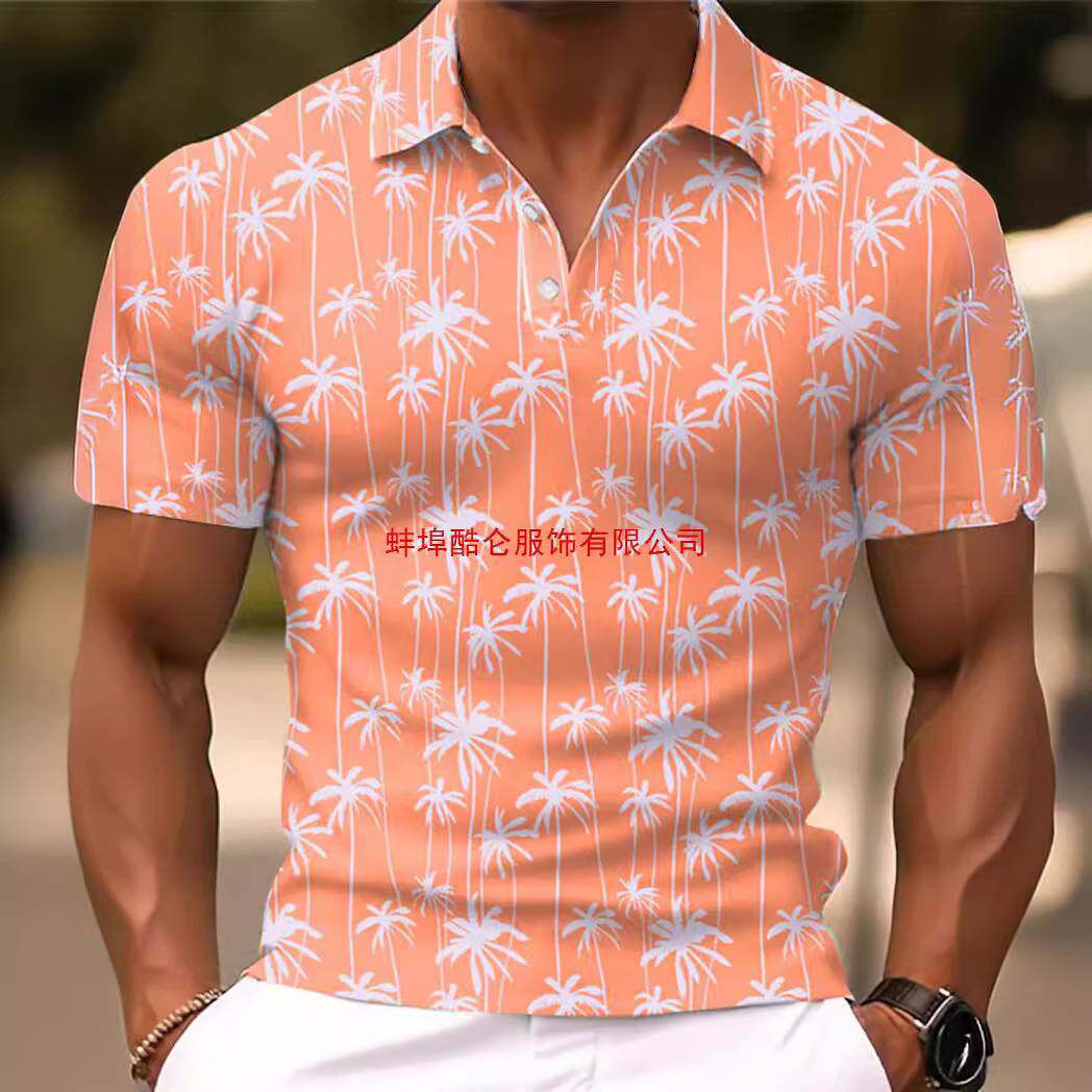 2025men clothes夫衫椰子树图形印花翻领户外街道短袖纽扣印花服
