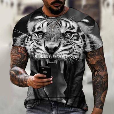 2025men clothes欧美男式短袖圆领3D数码印花动物老虎狮子T恤上衣