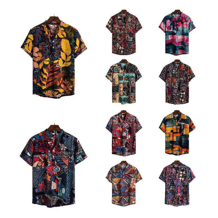 2025men clothes2019夏季新款短袖亚麻衬衫印度民族风男式花衬衫