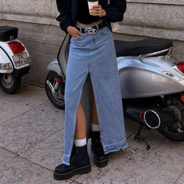 2025women clothes款复古长款牛仔半身裙高腰显瘦开叉包臀裙半裙