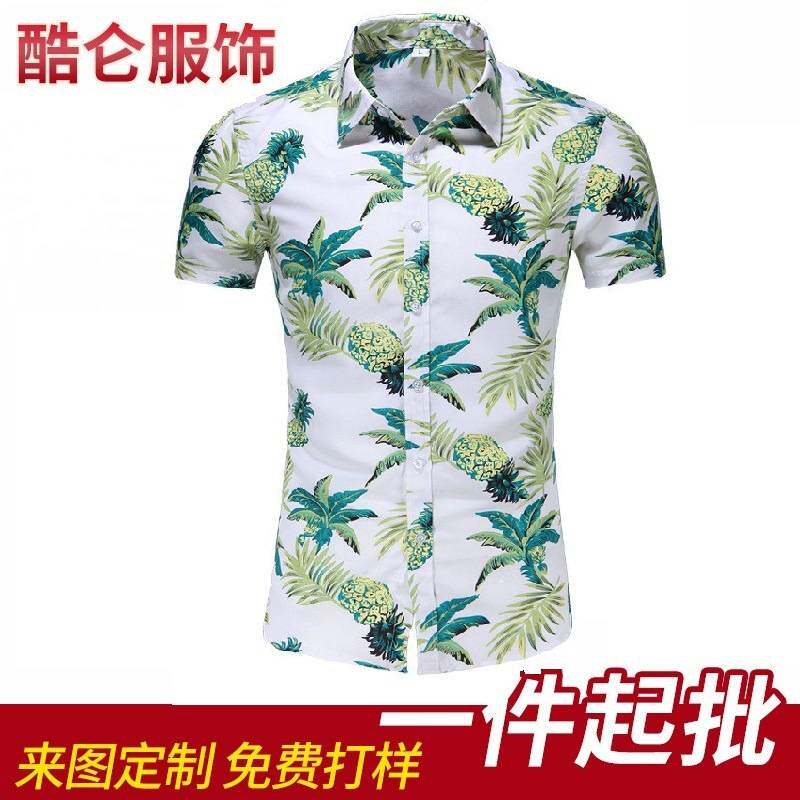 2025men clothes短袖花衬衫沙滩风大码翻领宽松菠萝印花男子上衣