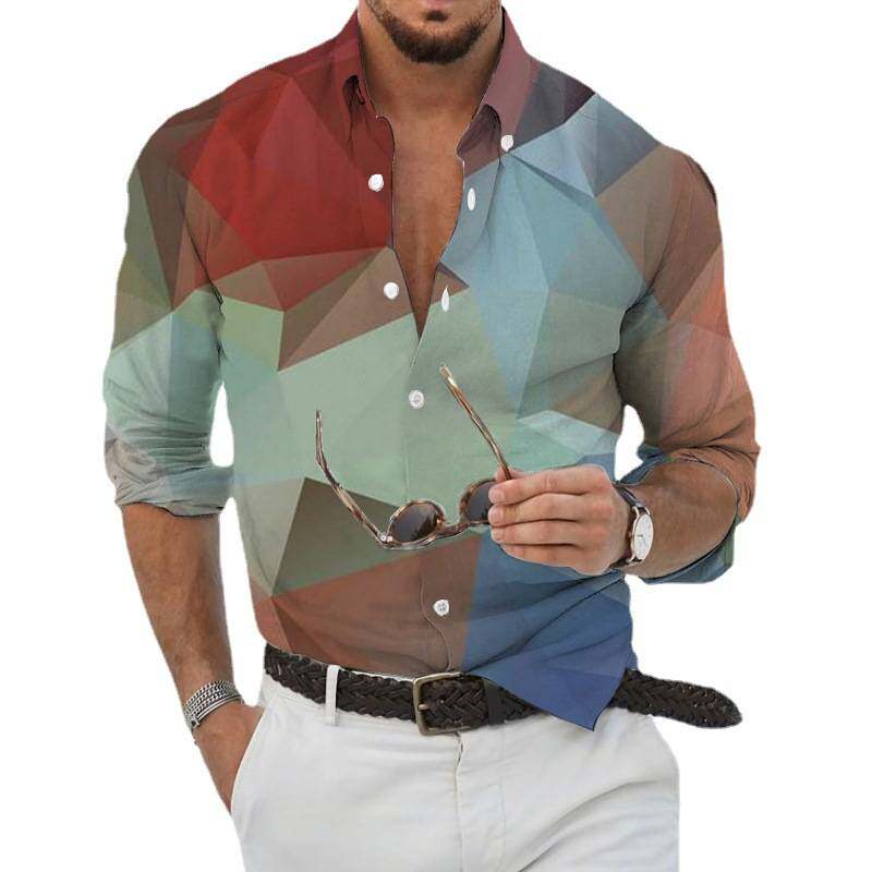 2025men clothes花几何翻领长袖大码衬衫男装男式长袖开衫来图制