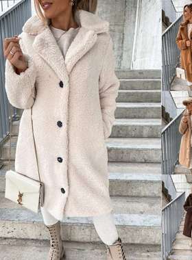 2025women clothes秋冬欧美女装毛毛长袖翻领女毛绒上衣长外套