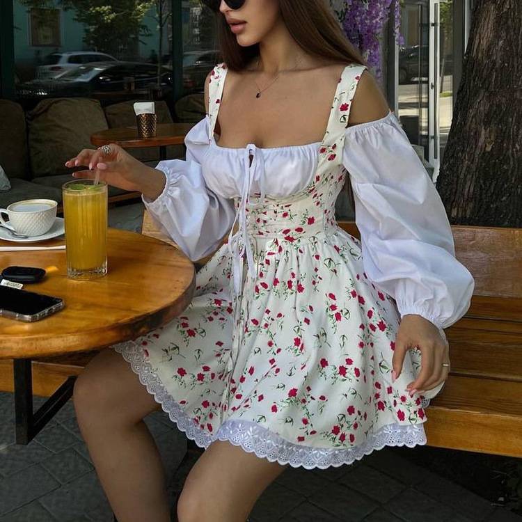 2025women clothes夏泡泡袖吊带抹胸假两件法式连衣裙碎花背带裙