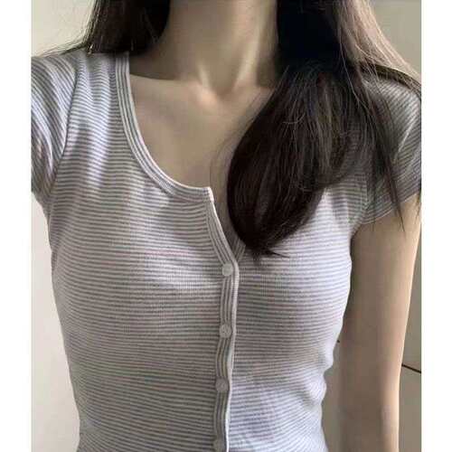 2025women clothes式复古修身单排扣弹力BM短袖T恤女短款露脐上衣