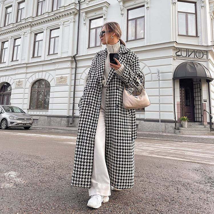 2025women clothes款千鸟格长款风衣高端时尚大衣黑白轻熟外套女
