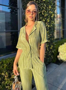 2025women clothes法式通勤绿色短袖衬衫气质百褶高腰阔腿裤套装