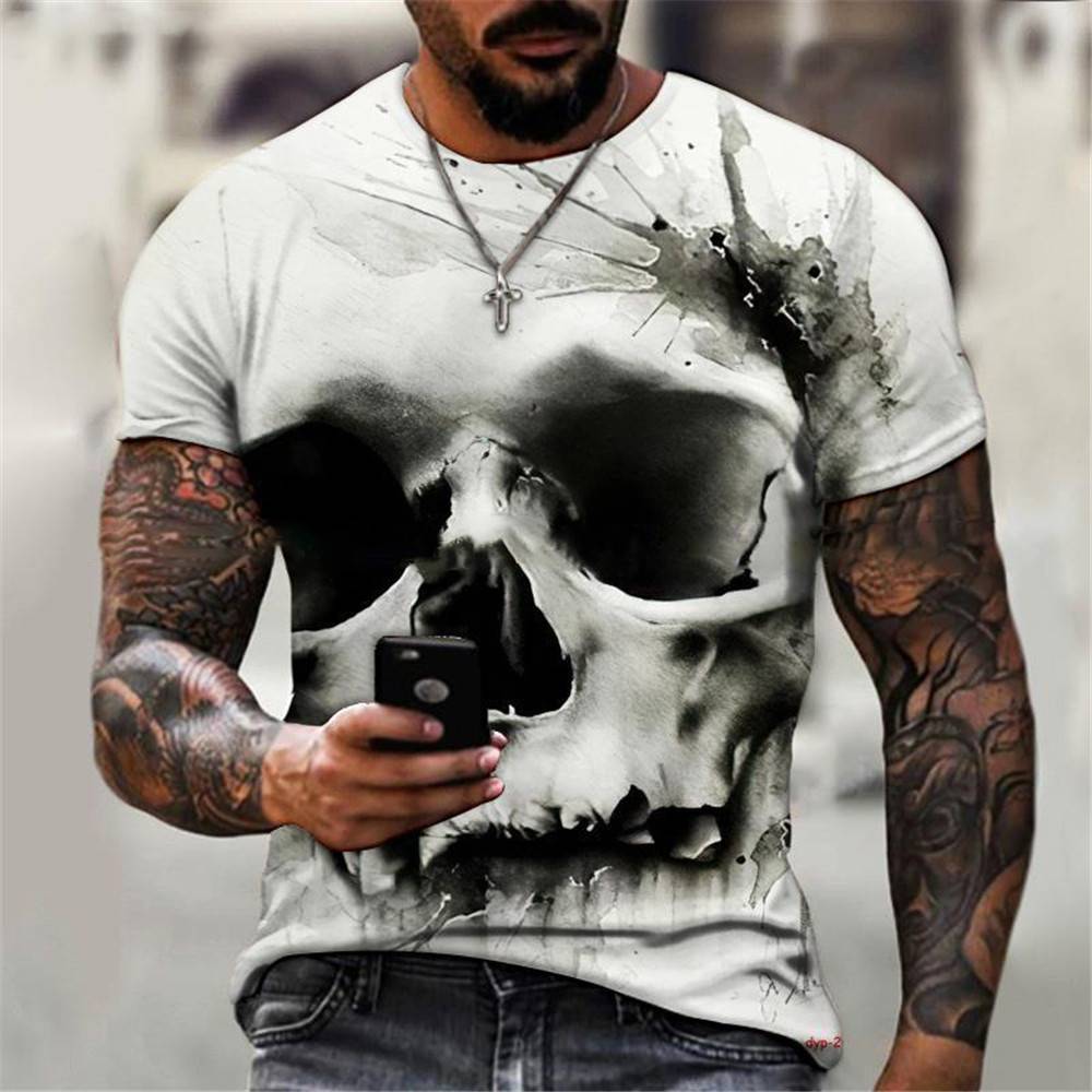 2025men clothes3D数码打印黑骷髅T恤男子朋克骷髅体恤岩石枪蓝色