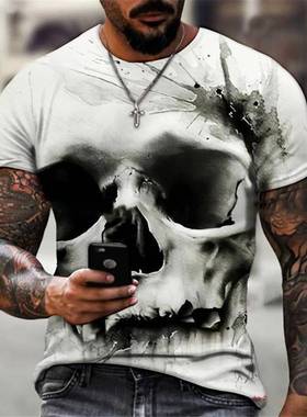 2025men clothes3D数码打印黑骷髅T恤男子朋克骷髅体恤岩石枪蓝色