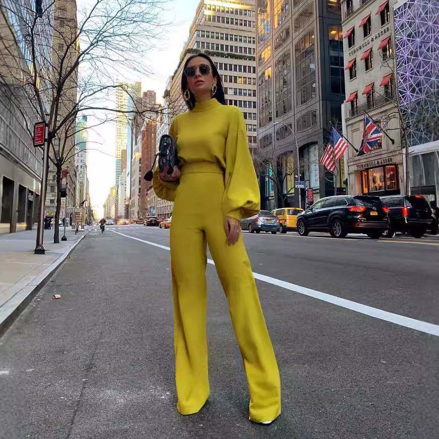 2025women clothes014半高领灯笼袖简洁干练OL风连体裤欧美连体裤