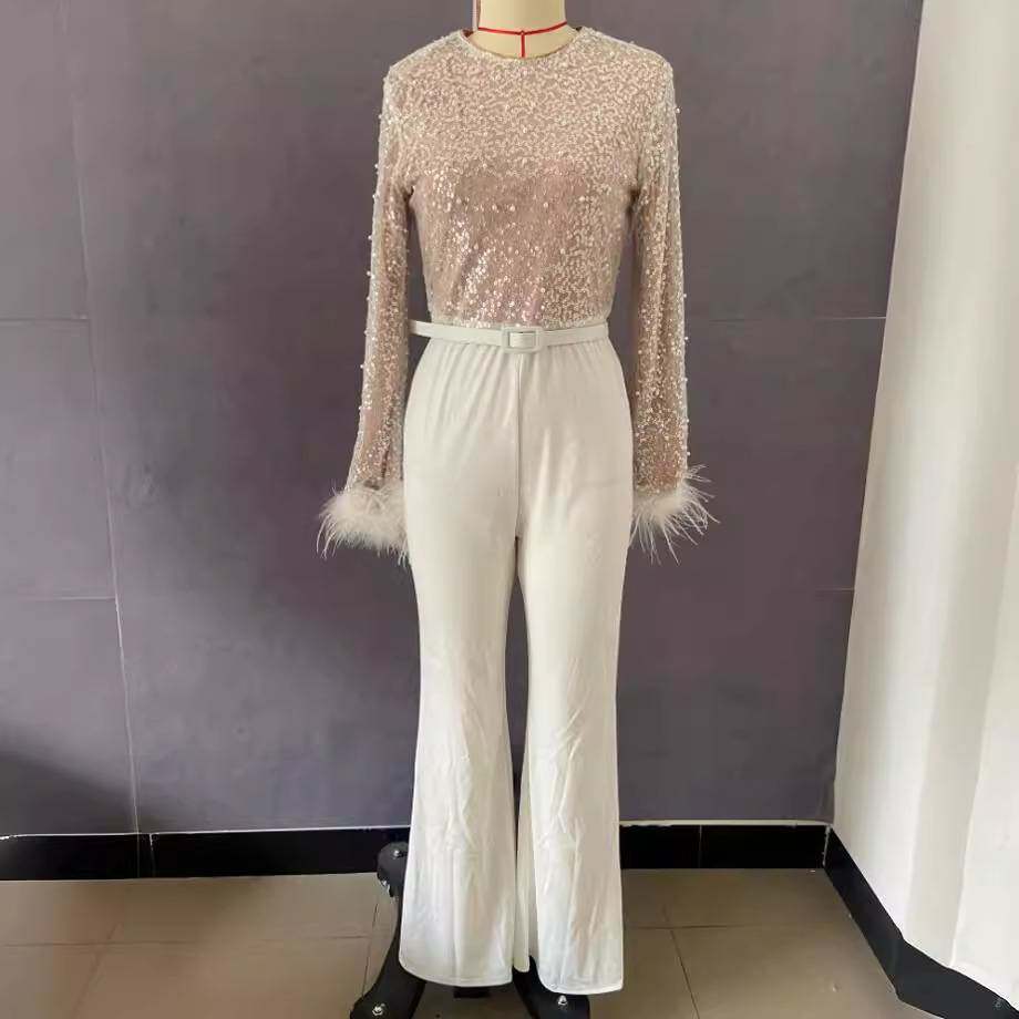 2025women clothesGY2222时尚羽毛拼接亮片珍珠连体裤