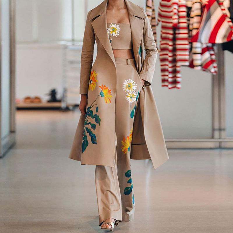 2025women clothes欧美女装秋冬气质长款印花风衣裤子外套套装女