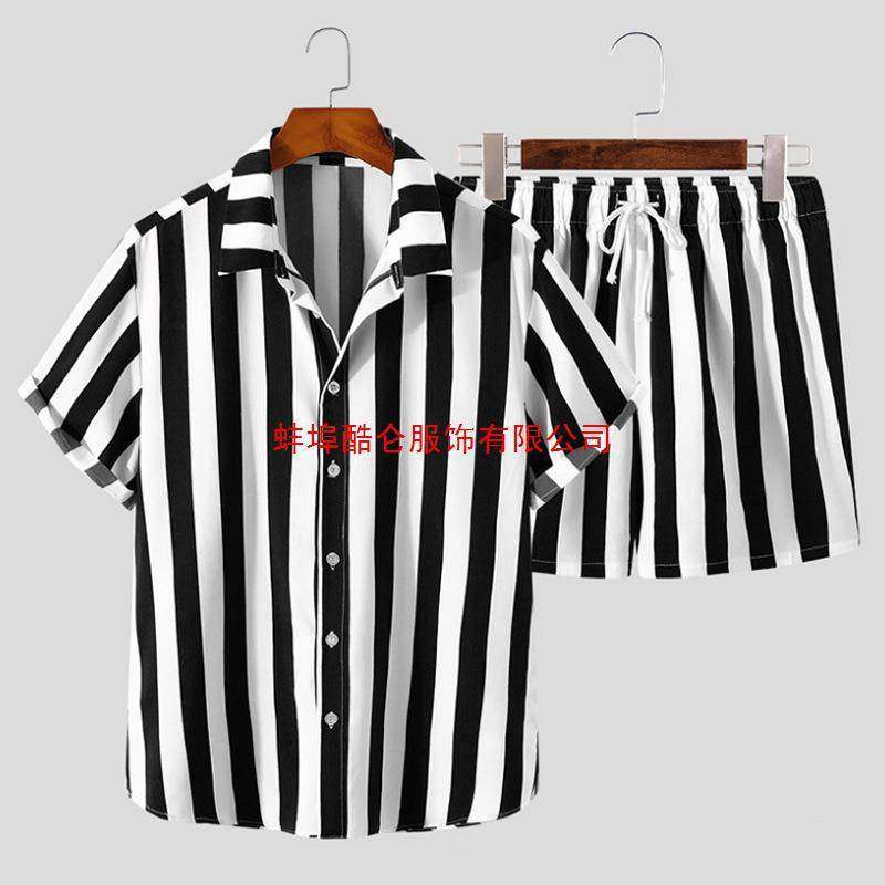 2025men clothes023夏季新款街头潮人黑白色条纹夏威夷沙滩套装男