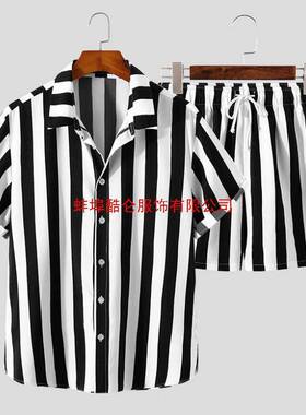 2025men clothes023夏季新款街头潮人黑白色条纹夏威夷沙滩套装男