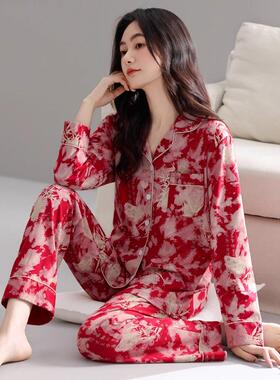 睡衣女士春秋款纯棉长袖女款秋季中年妈妈秋冬薄款大码红色家居服