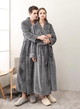 秋冬季束腰贝贝绒情侣睡袍男女加厚大码浴袍睡衣加长白色睡袍