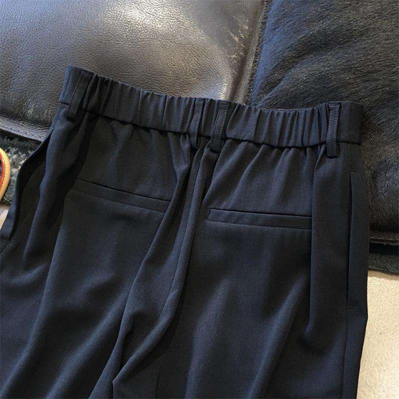 藏蓝色压褶萝卜裤子女小众设计感褶皱高腰风琴阔腿裤2024早春新款