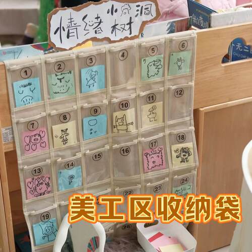 幼儿园环创情绪小树洞美工区透明收纳袋挂墙墙挂式晨检跳绳挂袋